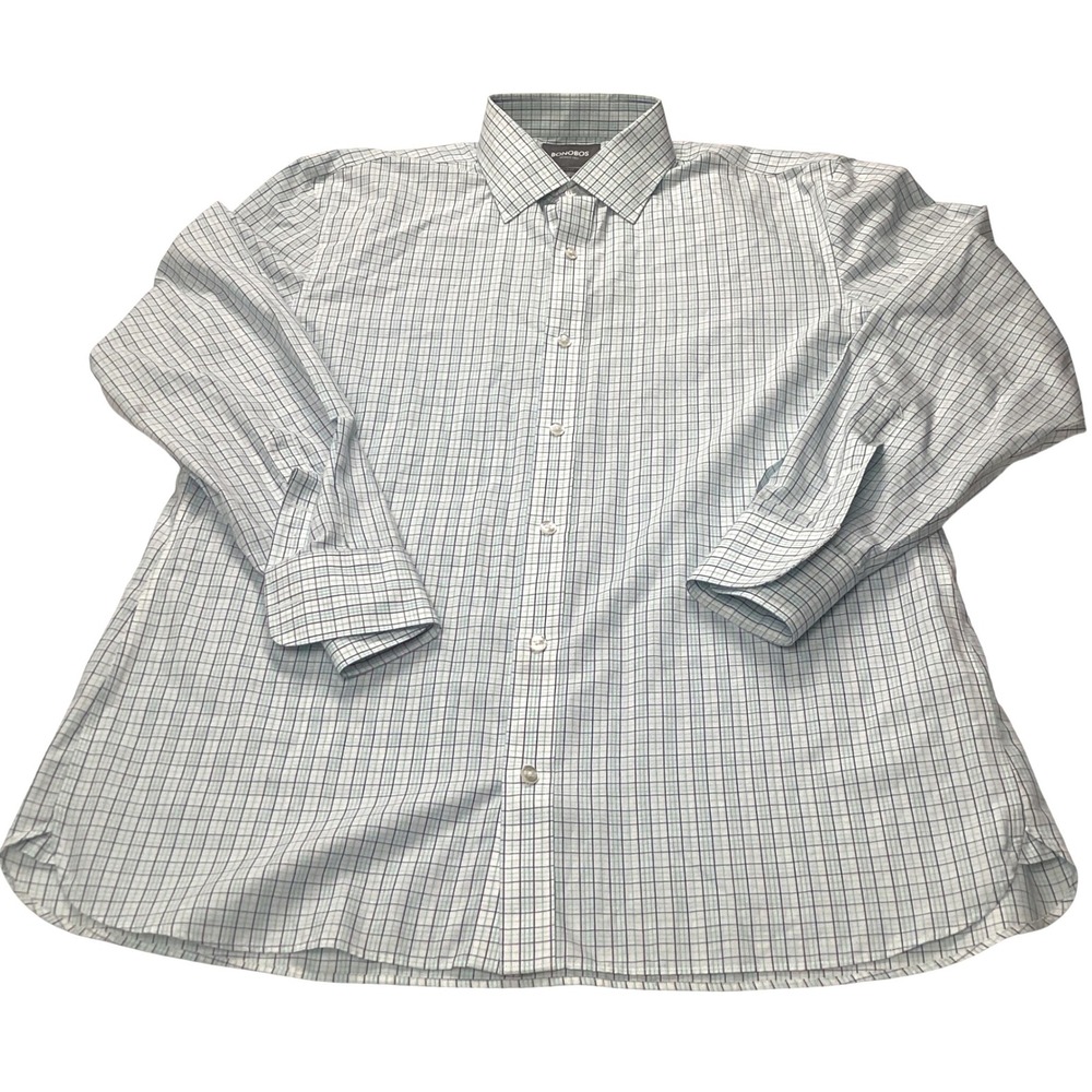 Bonobos Mens Slim Fit Wrinkle‎ Free Dress Shirt 17 35 White Teal Navy Check